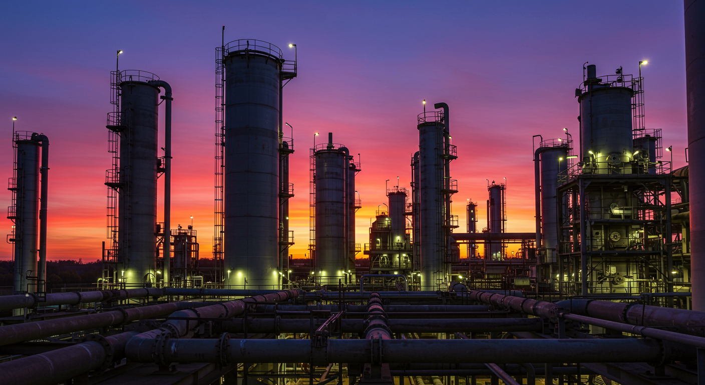 Imagine a unei instalații industriale complexe de procesare țiței, cu turnuri și conducte, la apus.